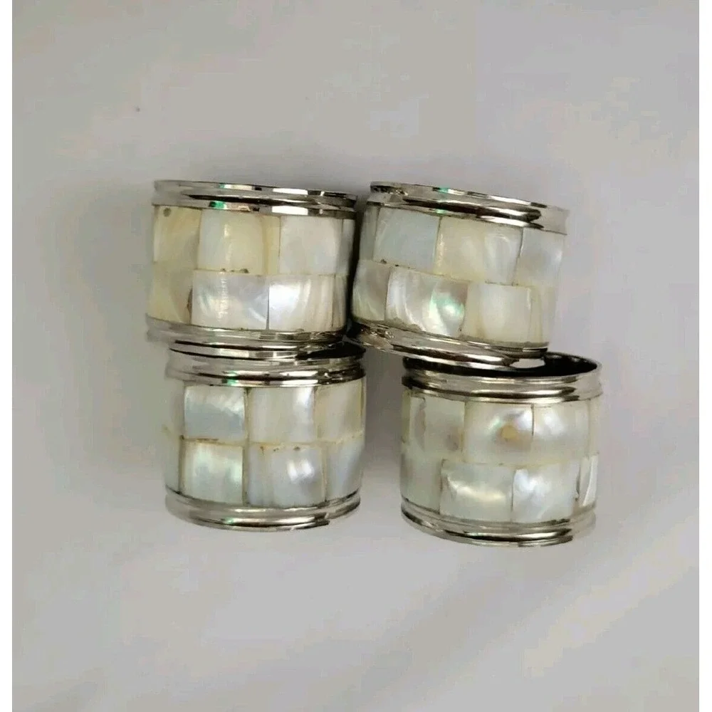 Mother of Pearl Shell Silver-Tone Napkin Rings Set‎ Of 4